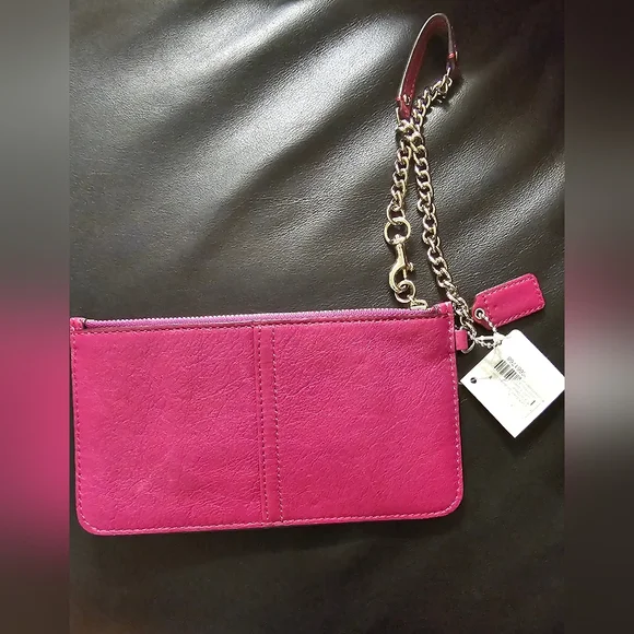 Coach Magenta Leather Slim Wristlet Clutch with silver chain New with Tags - Picture 6 of 14